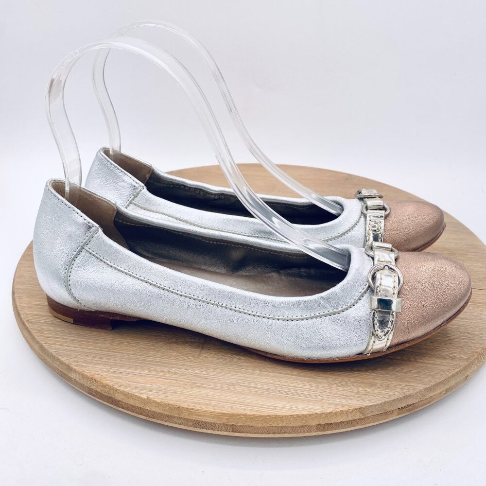 AGL Shoes Womens 7 37.5 Silver Leather Ballet Flats Cap Horsebit Quiet Luxury